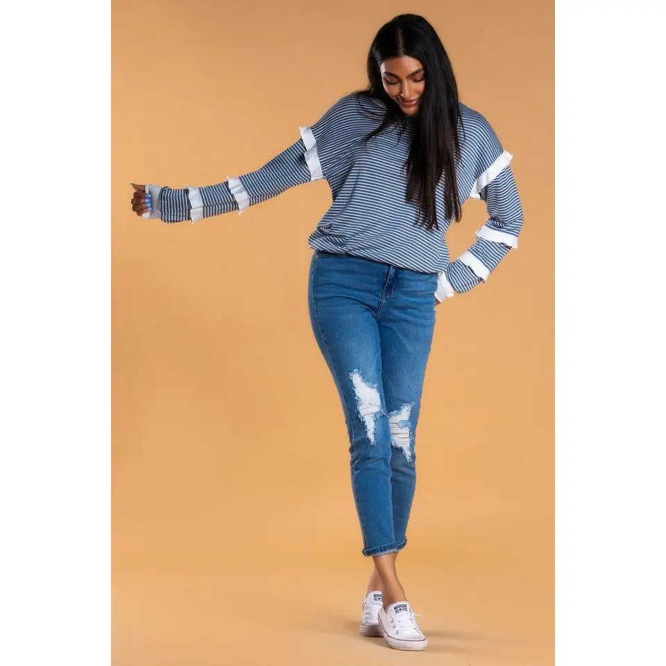 Brigitte Brianna Striped Ruffle Sleeve Sweatshirt