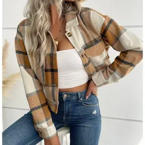 Women’s Long-Sleeve Flannel Cropped Shacket Plaid Button-Down Shirt Jacket with Lapel Pockets? Nordic Fairy Tale Plaid Cropped Jacket - Vintage Color - Block Design, Retro Chic Streetwear