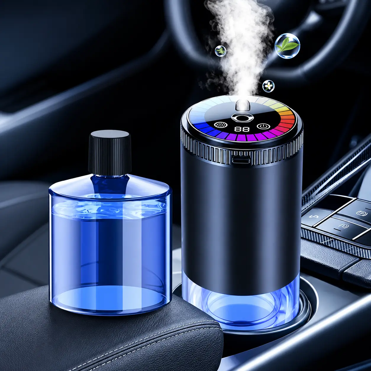 Smart car aroma diffuser with dynamic light show and starry ceiling mode, natural French scent essential oil/perfume, adjustable fragrance intensity, essential oil diffuser, long-lasting freshness, cologne scent, an ideal gift for car enthusiasts