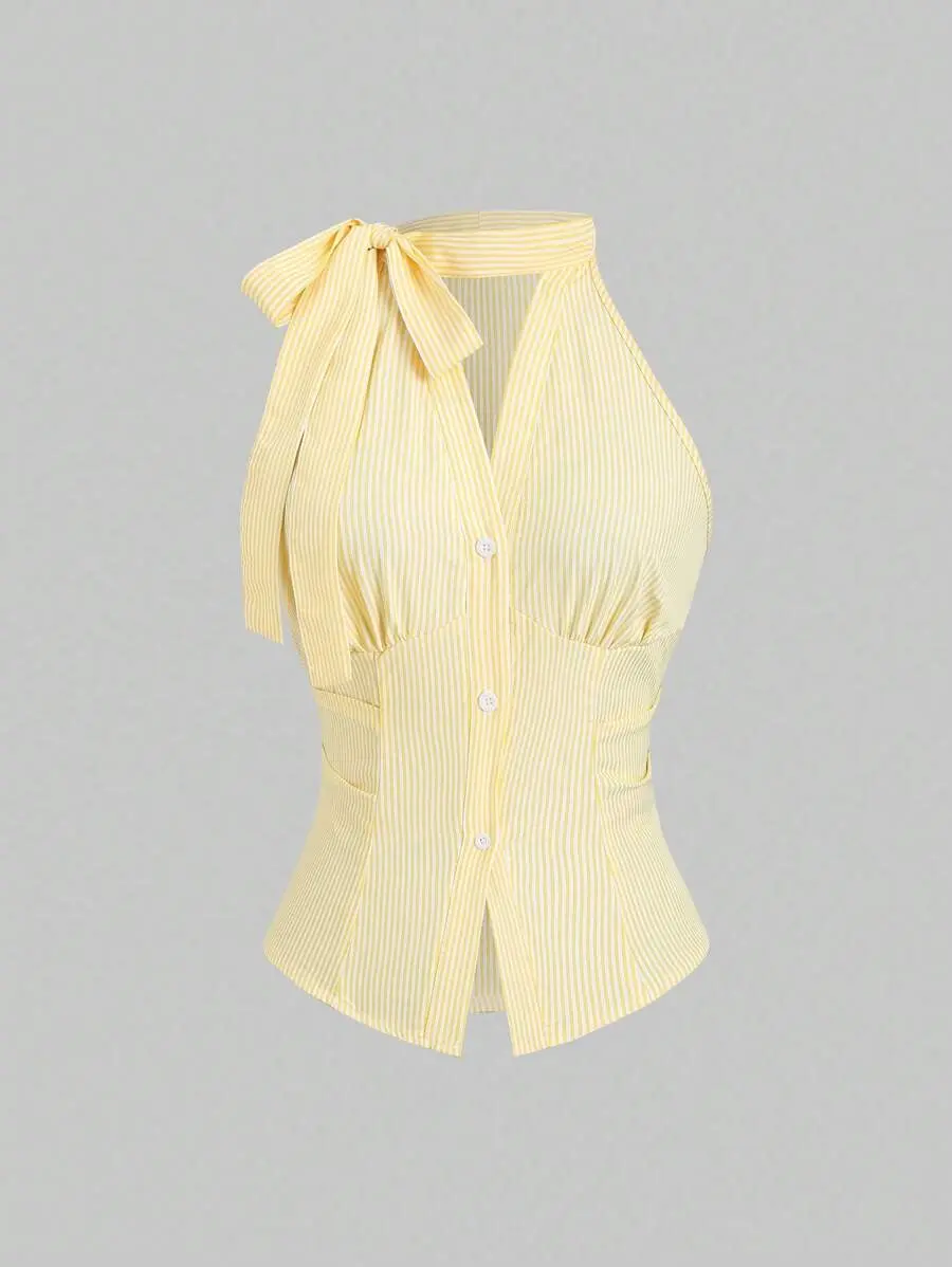 Sweetra Women's New Arrival Sleeveless Bowknot Waist Slim Striped Blouse