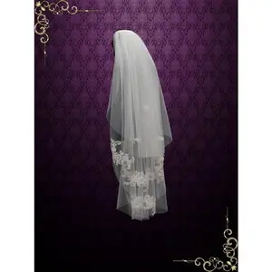 Two Tier Fingertip Lace Bridal Wedding Veil with Flower Applique VG1017