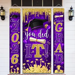 【graduation2026】The Graduation Decoration Class of 2026, Purple Gold, Congratulates You on The Graduation Banner and You Have Achieved The Door Frame of Graduation Party Supplies 180x30cm, 180x90cm