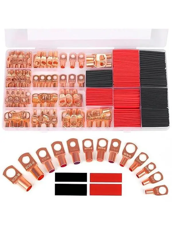 260pcs Copper Wire Lugs, Terminal Connectors, Used on AWG12 10 8 6 4 2 Cable, Heat Shrink Set, Bare Copper Eyelets, Ring Terminals Connectors, 120pcs Battery Cable Lugs Ends and 140pcs Heat Shrink Tubing