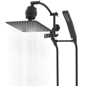 Hibbent All Metal 10'' Filtered Rainfall Shower Head with Handheld Combo, High Pressure Shower Wand, 16'' Adjustable Extension Arm, 20 Stage Shower Filter, 71'' Hose, 2 Shower Holders, Matte Black