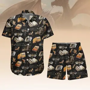 Dragon Book Print Hawaiian Shirt Shorts Set Men Women Dark Fantasy Iron Flame Fourth Wing Inspired 2PC Loose Casual Summer Beach Aloha Matching Outfit BookTok