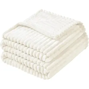Flannel Fleece Striped Bed Blanket Twin Size(60x80inch), 300GSM Microfiber Cream Comfy Decor, Soft Warm Cozy Lightweight Ivory Ribbed Blanket for All-Season