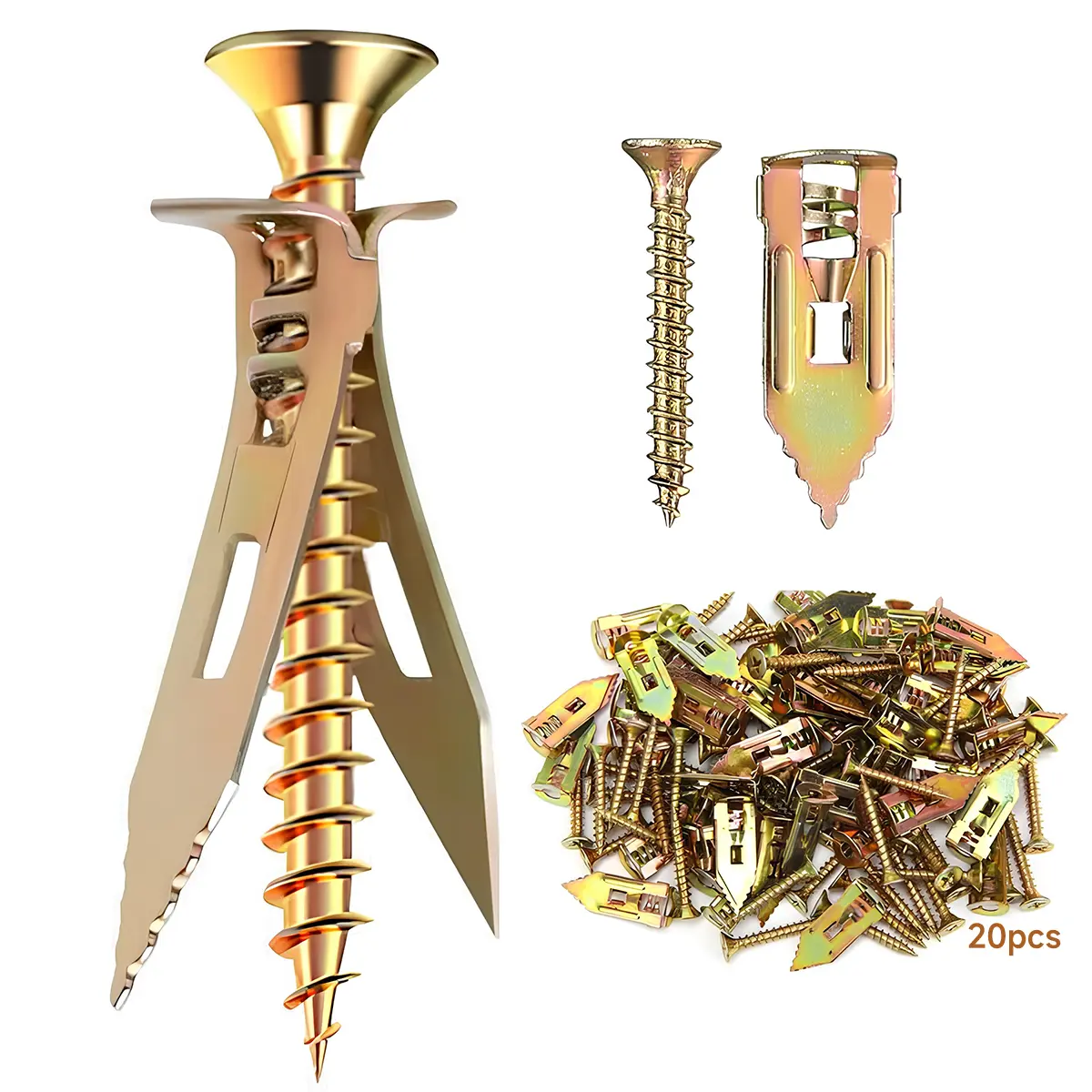 40Pcs Self-Drill Drywall Anchor & Mounting Screw Kit - 20 Metal Anchors, 20 Mounting Screws, No Pre-Drilled Holes Needed for Fixing TV, Shelf, Curtain Installation