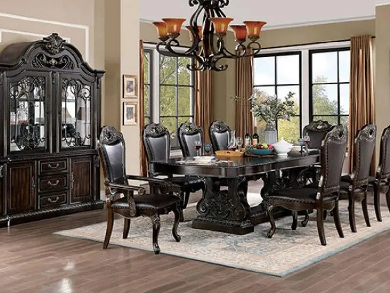 Astoria Grand Singletary CM3146T 7-Pc Lombardy Walnut Finish Wood Double Pedestal Dining Table Set with 6 Side Chairs Classic Design Sturdy Construction Assembly Required, Furniture Set, Table Chairs Set
