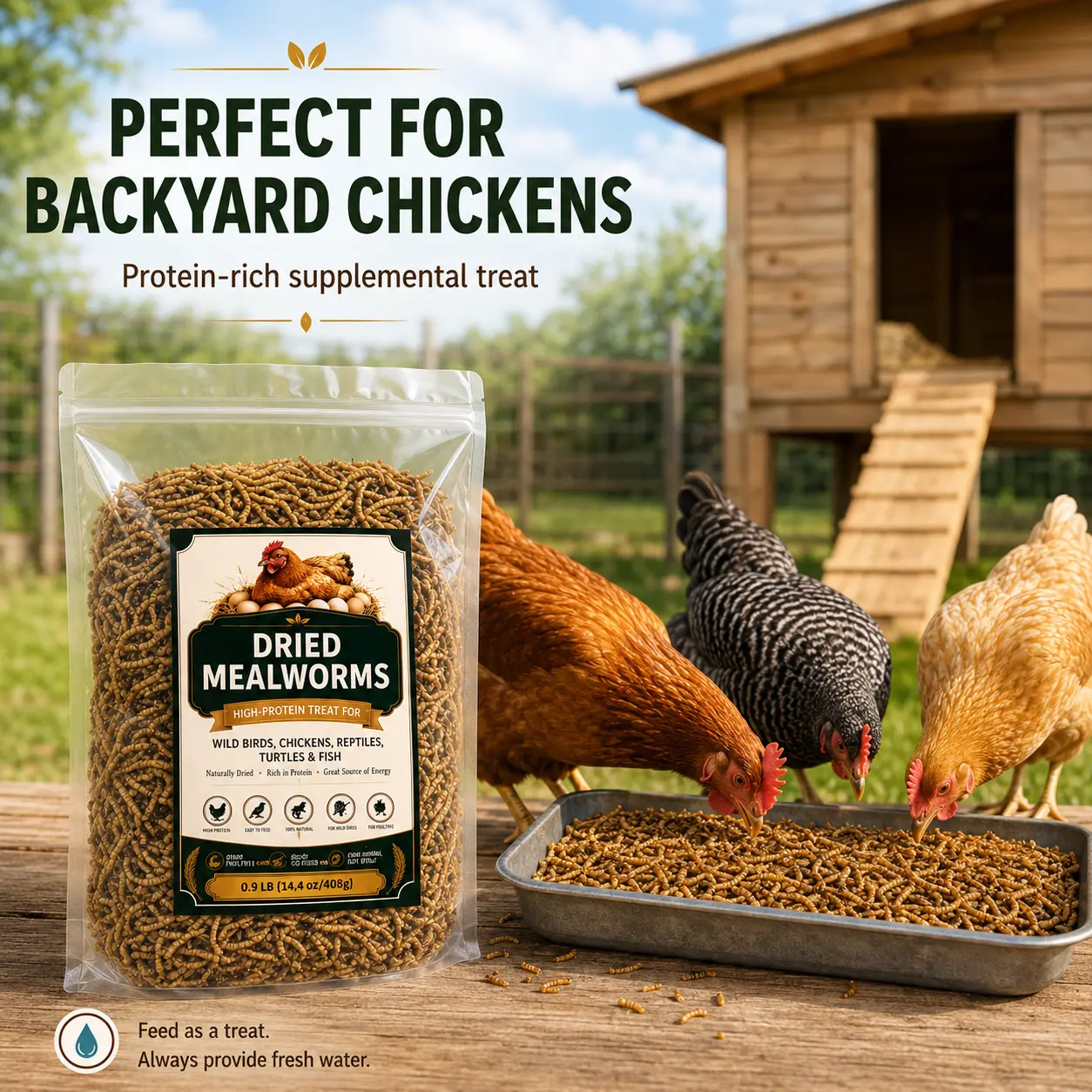 14.4 oz Dried Mealworms for Chickens, Wild Birds, Ducks, Turtles, Fish & Reptiles, Whole High-Protein Supplemental Treat in Resealable Bag, Easy-to-Feed Animal Snack for Backyard Flocks & Small Pets
