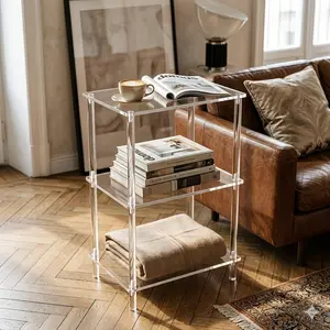 Three-Tier Transparent Acrylic Side Table, Modern Bedside Cabinet for Bedroom, Square End Table for Living Room, Space-Saving Plant Stand