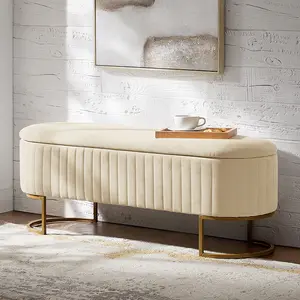 HULALA HOME 50.5" Storage Ottoman Bench Velvet Upholstered with Glossy Metal Base Flip-Top Lid Multifunctional Stool for Bedroom & Entryway Classic Design