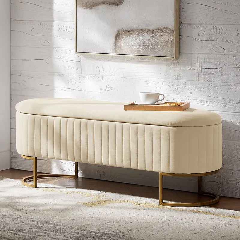 HULALA HOME 50.5" Storage Ottoman Bench Velvet Upholstered with Glossy Metal Base Flip-Top Lid Multifunctional Stool for Bedroom & Entryway Classic Design