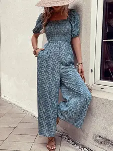 Printed Square Neck Puff Sleeve Jumpsuit
