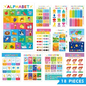 18-Piece Large Pre-K Poster Set (11x16.5 Inches), Modern Laminated Learning Charts for Toddlers, Visual Learning Tools, Perfect Home & Classroom Wall Decor