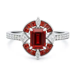 BERRICLE Sterling Silver Halo Art Deco Statement Cocktail Ring for Women, Garnet-Red Step Emerald Cut Cubic Zirconia CZ