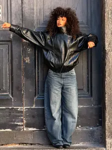 Women's Stand Collar Faux Leather Jacket, Streetwear Casual Long Sleeve Outerwear for Spring & Fall & Winter, Ladies' Waterproof & Windproof Clothes for Daily Wear, Oversized Jacket for Women