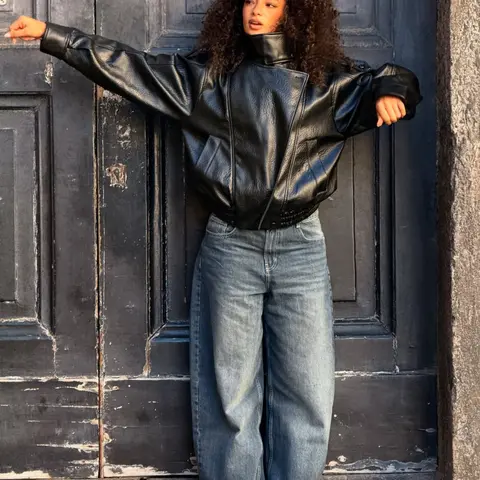【Black Friday】Women's Stand-Collar Faux Leather Jacket, Streetwear, Long Sleeve Coats for Spring & Fall, Waterproof & Windproof Clothes for Daily Wear, Oversized Jacket, Casual Fashionable Collared Outerwear
