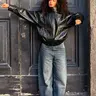 【Black Friday】Women's Stand-Collar Faux Leather Jacket, Streetwear, Long Sleeve Coats for Spring & Fall, Waterproof & Windproof Clothes for Daily Wear, Oversized Jacket, Casual Fashionable Collared Outerwear