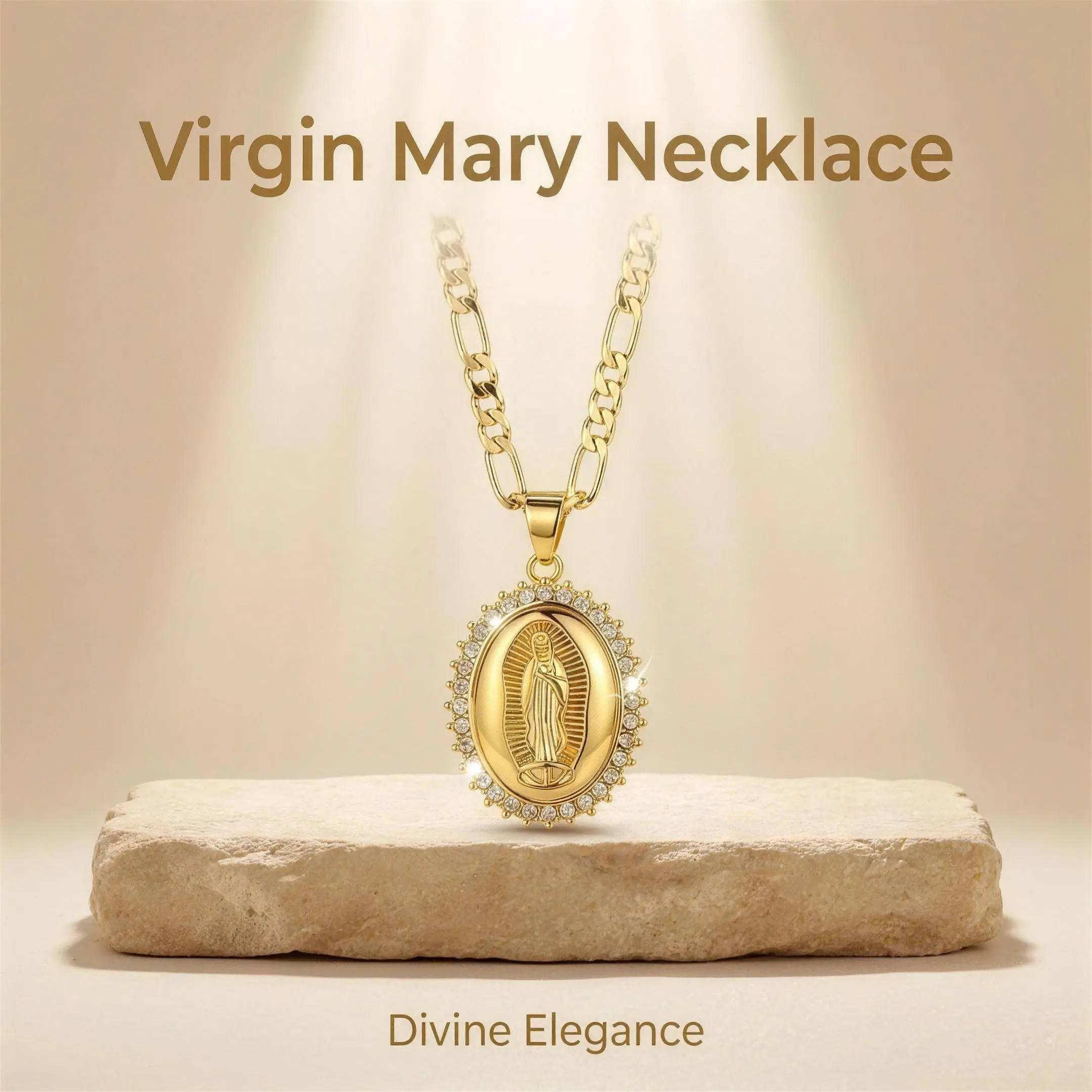 14K Gold Plated Our Lady of Guadalupe Virgin Mary Necklace for Women, Oval Crystal Halo Medallion Pendant with Adjustable Figaro Chain, Religious Faith Fashion Jewelry, Spiritual Gift for All Occasions