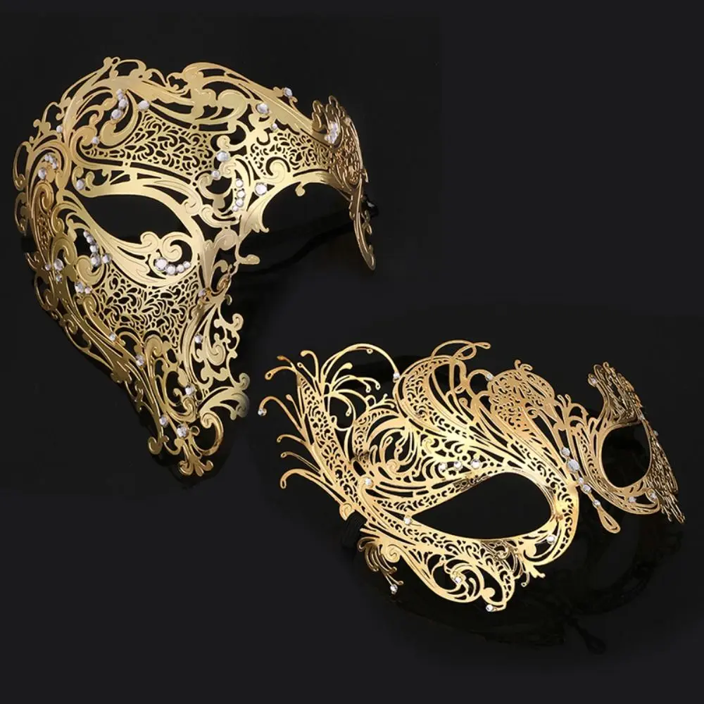 Black Gold Skull Metal Mask Halloween Rhinestone Half Face Venetian Masquerade Men White Women Skull Party Mask Light Gold-Type 1 masquerade  mask