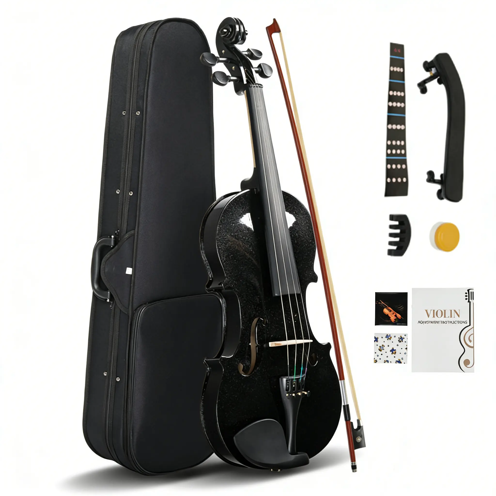 Summerwins 4/4 Full Size Solid Wood Acoustic Violin for Adult Beginners - Black Finish, Comprehensive Kit with Hard Case, Bow, Shoulder Rest, Extra Strings, Rosin, Easy to Start