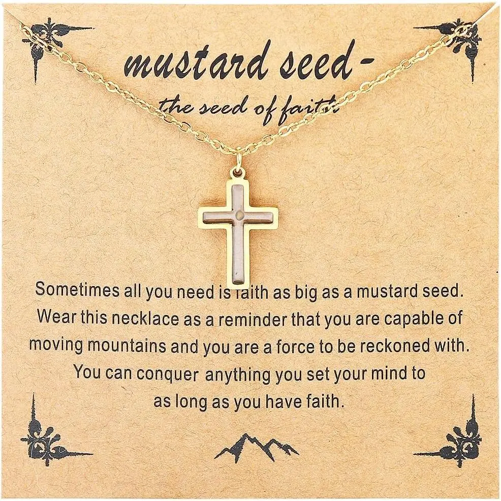 Mustard Seed Necklace - Rectangle, Round, Mountain, Hill Christian Faith Geometric Religious Inspirational  With Message Card