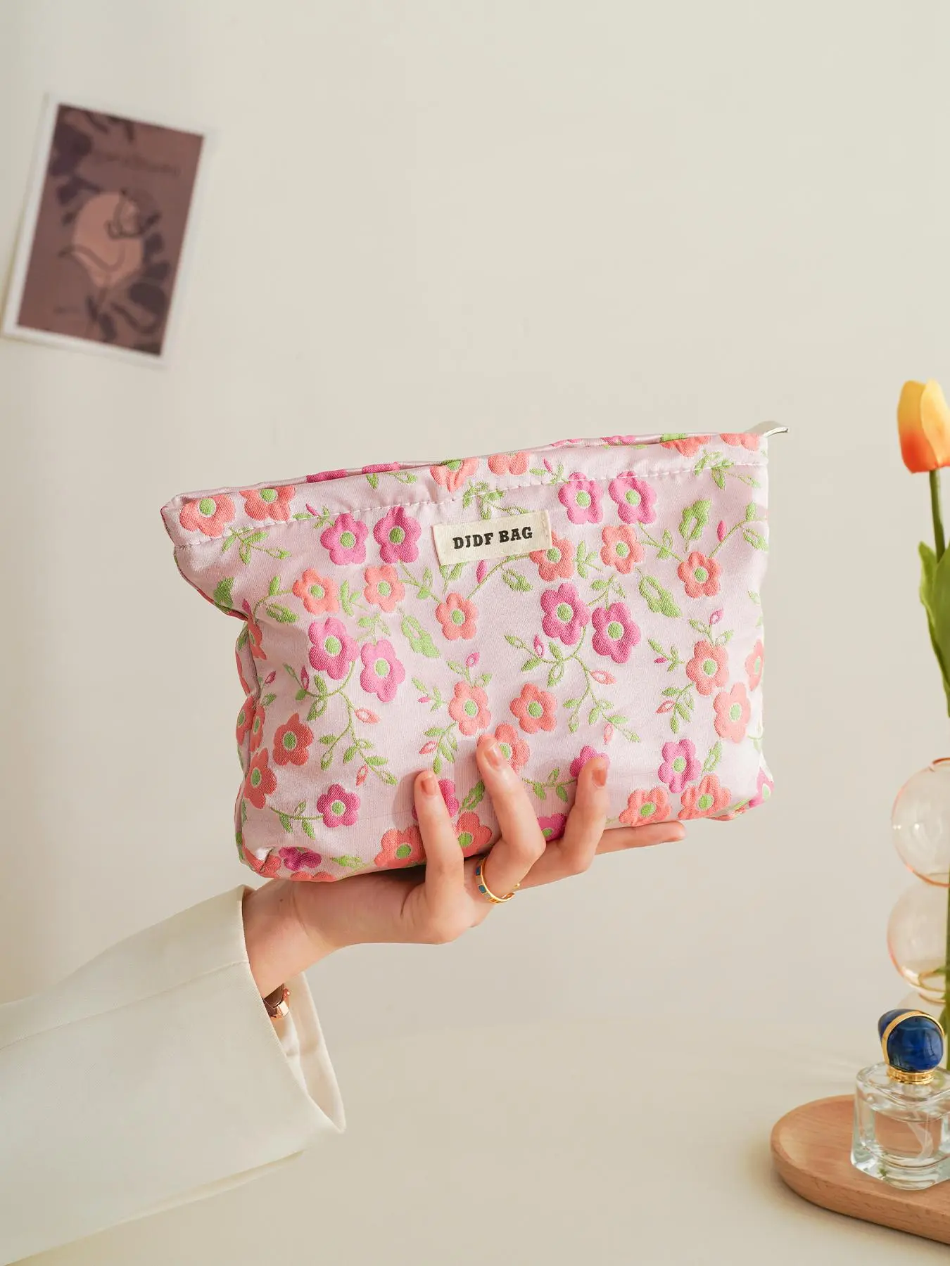 Floral Embroidering Makeup Bag, Large Capacity Embroidered Cosmetic Storage Bag, Portable Travel Toiletry Bag, Zipper Cosmetics Organizer Pouch, Travel Essentials, Cosmetic Travel Bags