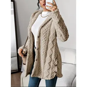 Autumn-Winter Warm Fashion Jacquard Plush Hooded Cardigan Coat