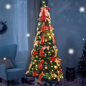 6FT Christmas Tree with Red Ribbon Bow,Pop-up Christmas Tree with Lights Display,Lighted up Sparkling Christmas Ball Ornament,Artificial Decoration Indoor Outdoor (Green)