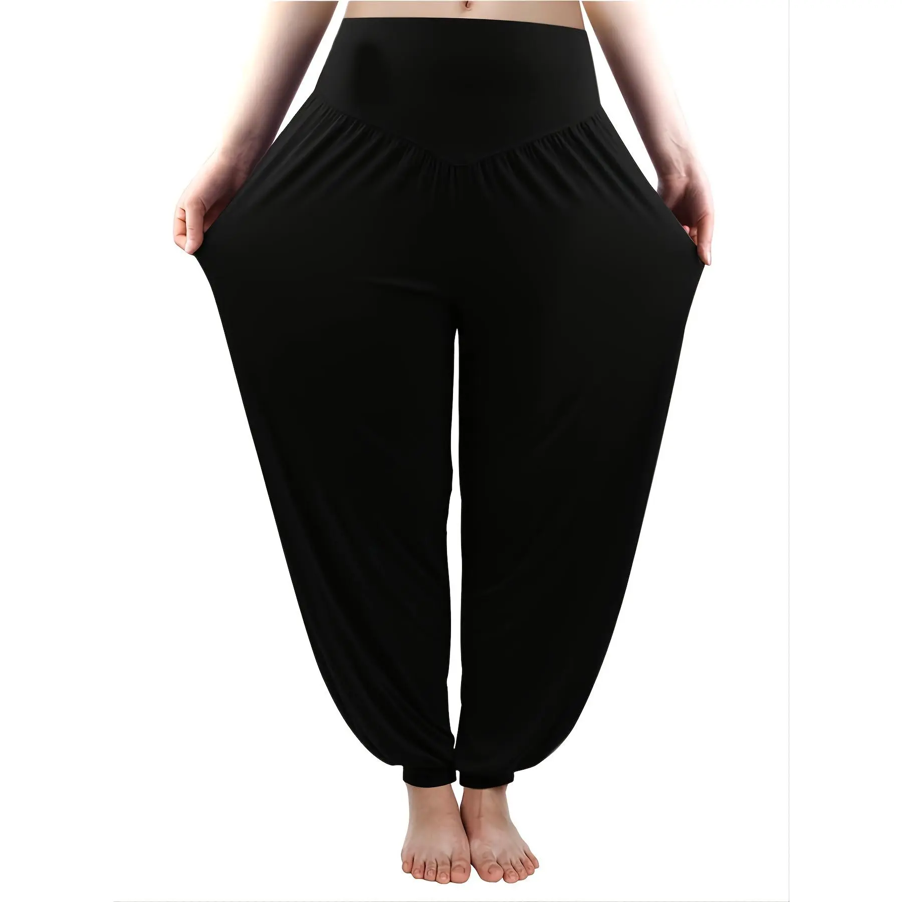 Plus Size Medium Stretch High Waist Solid Joggers, Women's Plus Flowy Lounge Yoga Dance Baggy Pants