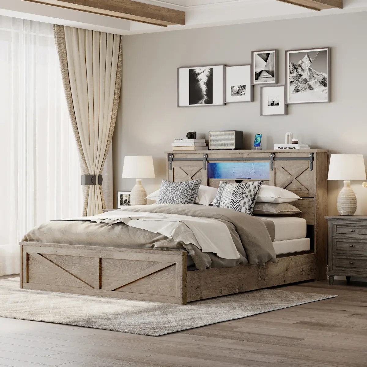 [Bellemave]Queen/King/Farmhouse Bed Frame King Size with LED Lights and Charging Station, Wooden Queen Bed with 2 Storage Drawers, Rustic Headboard with Sliding Barn Door Storage Cabinets