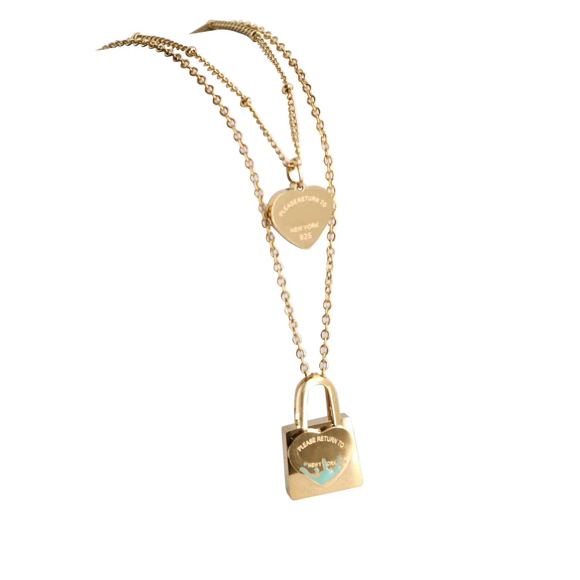 T's  Blue Oil Dripping Lock Heart Double-Layer Necklace Female 18K Gold Sweet Style Clavicle Chain