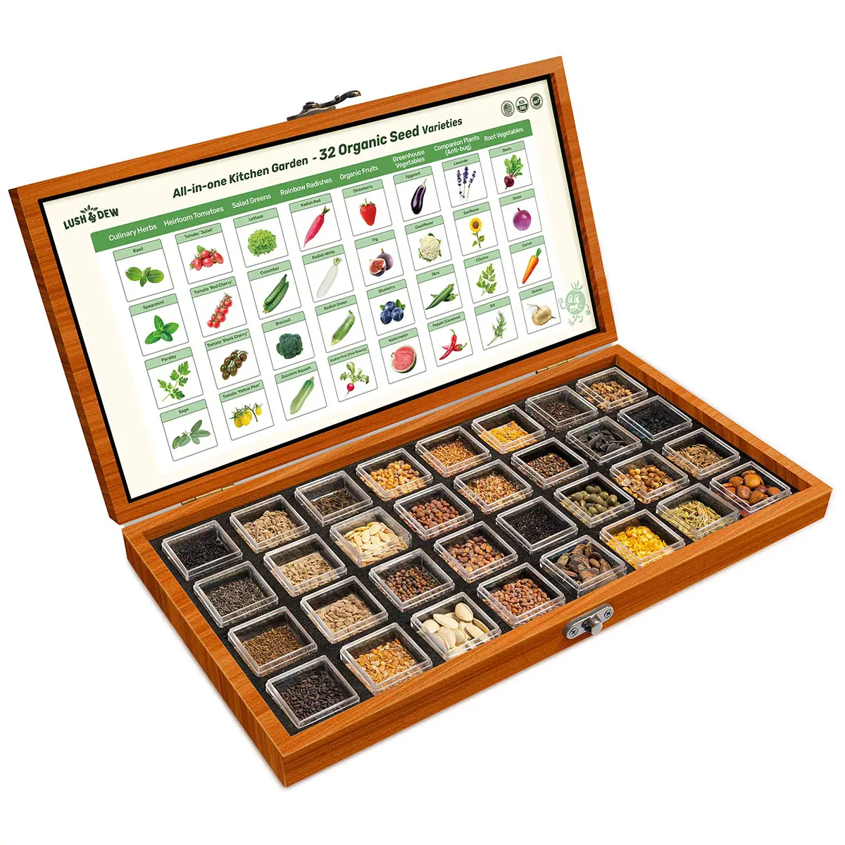 LUSH&DEW All-in-One Kitchen Garden Seed Bank - 32 Organic Garden Plant Seed Varieties with Vegetables, Herbs, Flowers, Fruits.