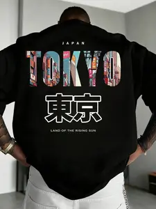 Men's Casual Fashionable Versatile Streetwear "TOKYO" English Slogan Tokyo Element Graphic Print Short Sleeve Fitted T-Shirt Menswear Casual Print Tee