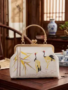 New Traditional Chinese Style Crane Bamboo Embroidered Handbag, Vintage Elegant Qipao Hanfu Evening Bag, Three Colors Available