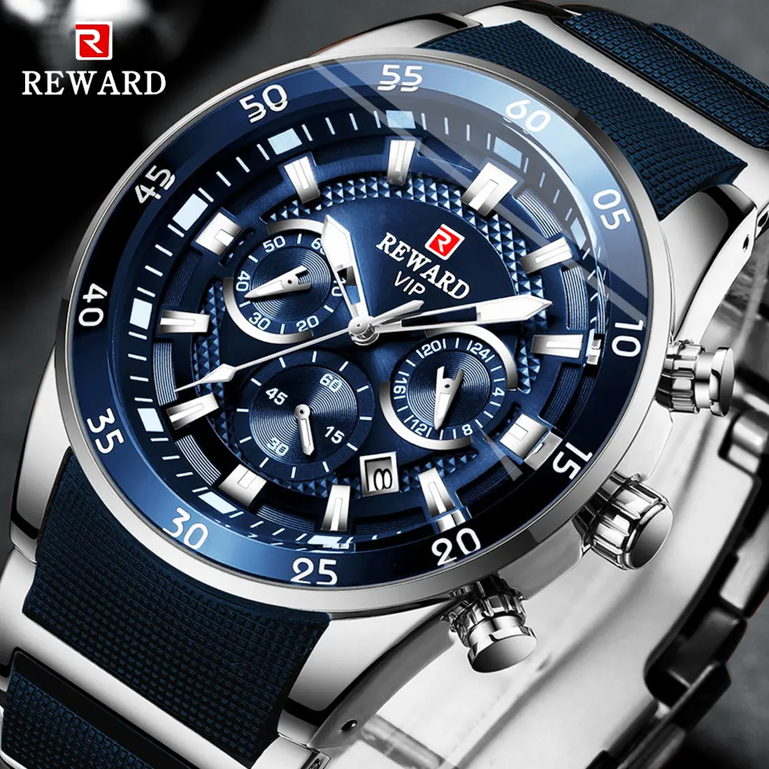 2026 Reward Luminous Silvery Blue Men Watches Luxury Brand Sport Chronograph Men's Wrist Watch Silicone Male Watch Montre Homme