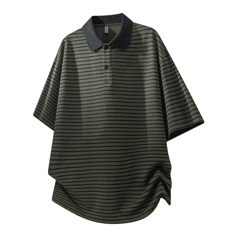 Men's Short Sleeve Polo Shirt, Contrast Solid Collar Two Button Placket Horizontal Stripe Textured Fabric Curved Hem Casual Top, Soft Skin Friendly Breathable Material, Vintage Daily Basic Tee For Summer Commute Outdoor Street Daily Outfits # SummerWins
