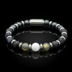 Men's Growth and Protection Bracelet: Belomorite (Moonstone), Larvikite, Hematite, Labradorite and Silver