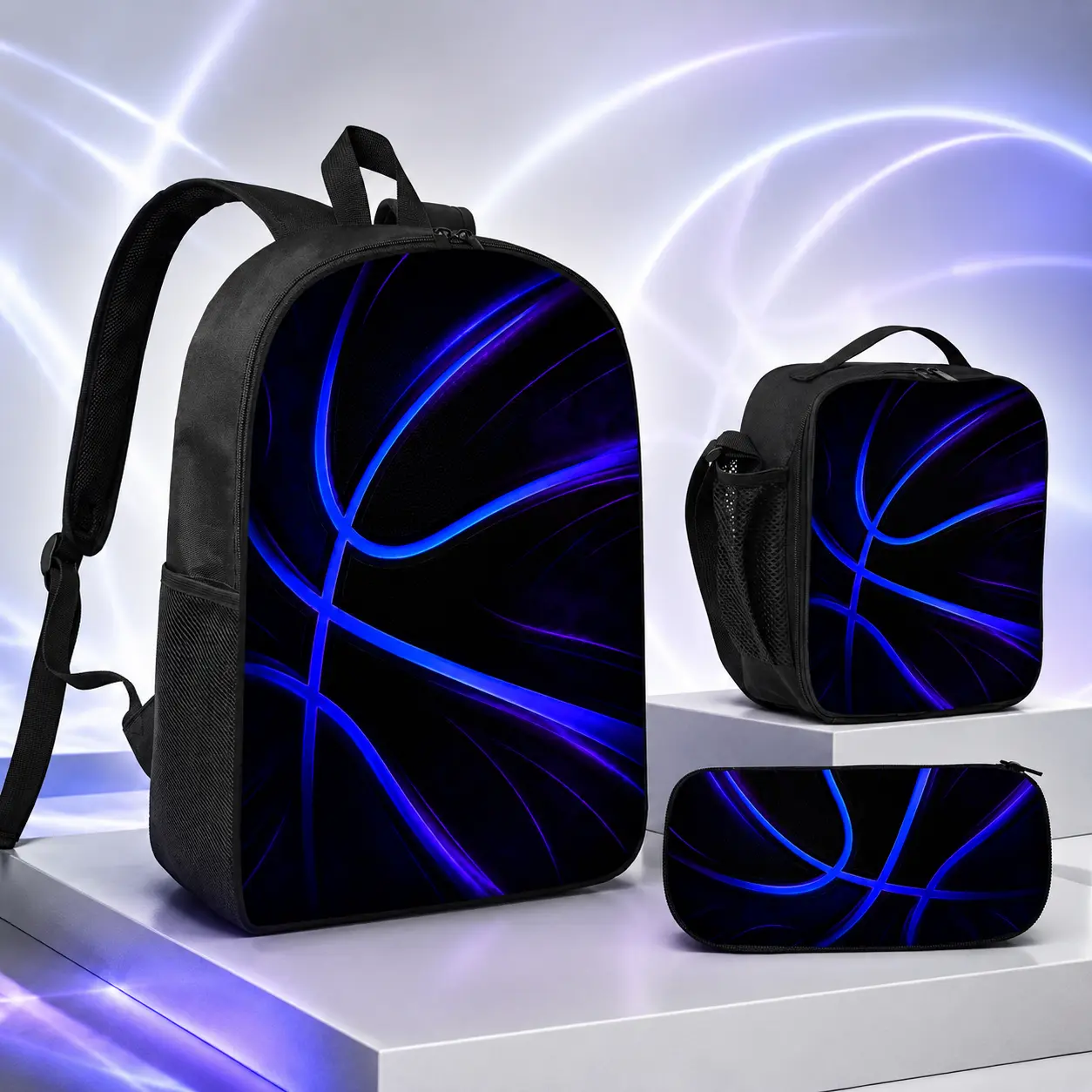 Neon Blue Basketball 3PCS Backpack Set for Boys Kids Teens, Cool Glowing Sports School Bag with Lunch Box and Pencil Case, Futuristic 3D Line Print Daypack Athlete Gift