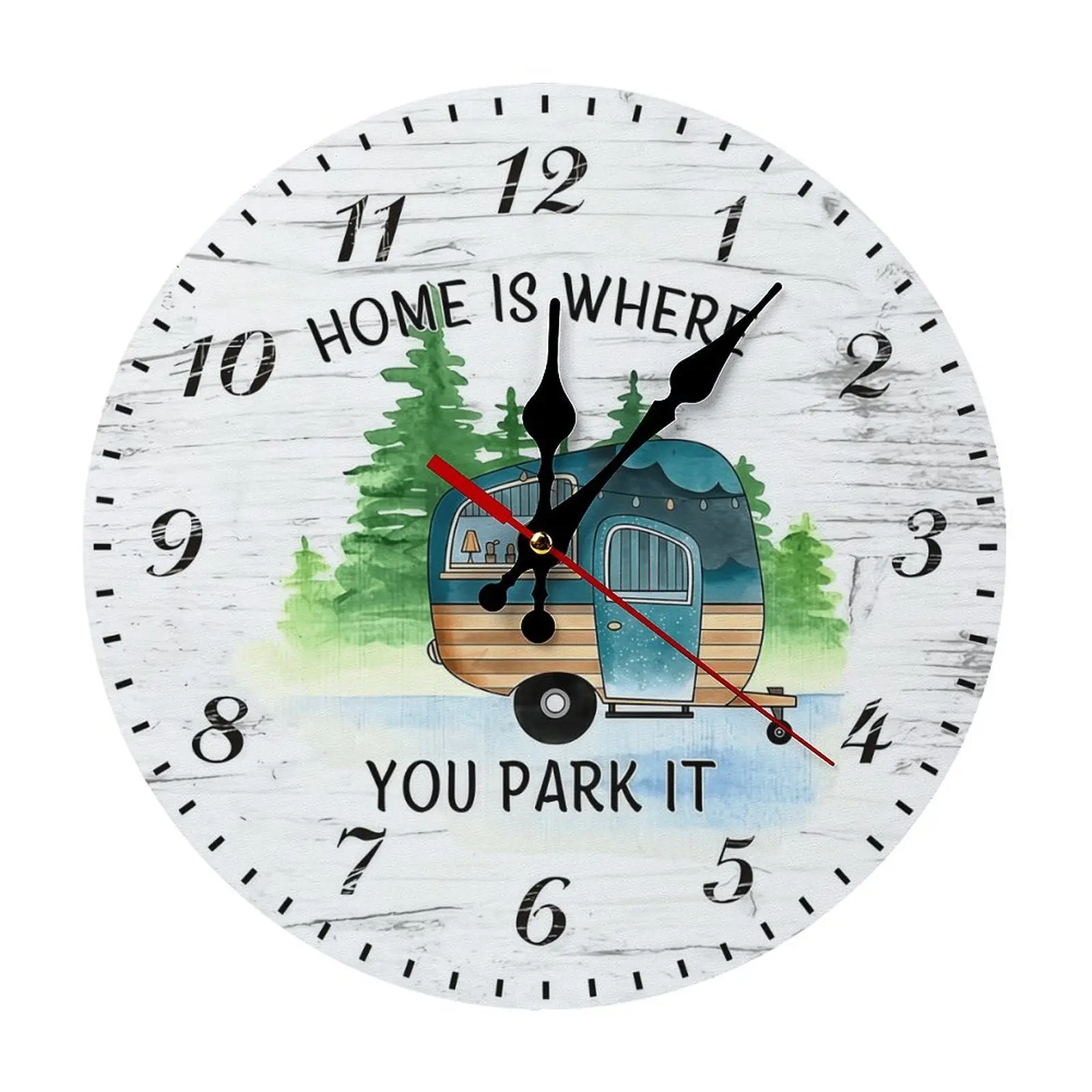 "Home Is Where You Park It" Round Silent Analog Clock - 10/12in Casual Classic Retro Rustic Wooden Hanging Wall Decor, Watercolor Trailer Print, Gift for RV Enthusiasts & Cabin Lovers