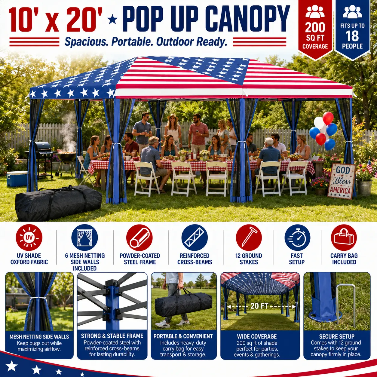 Outsunny 10 x 20 FT Pop Up Canopy Tent with Netting Heavy Duty Instant Sun Shelter American Flag Party Tent with Carry Bag for Outdoor Garden Patio Backyard Events Camping Vendor Booth On Site Screen House