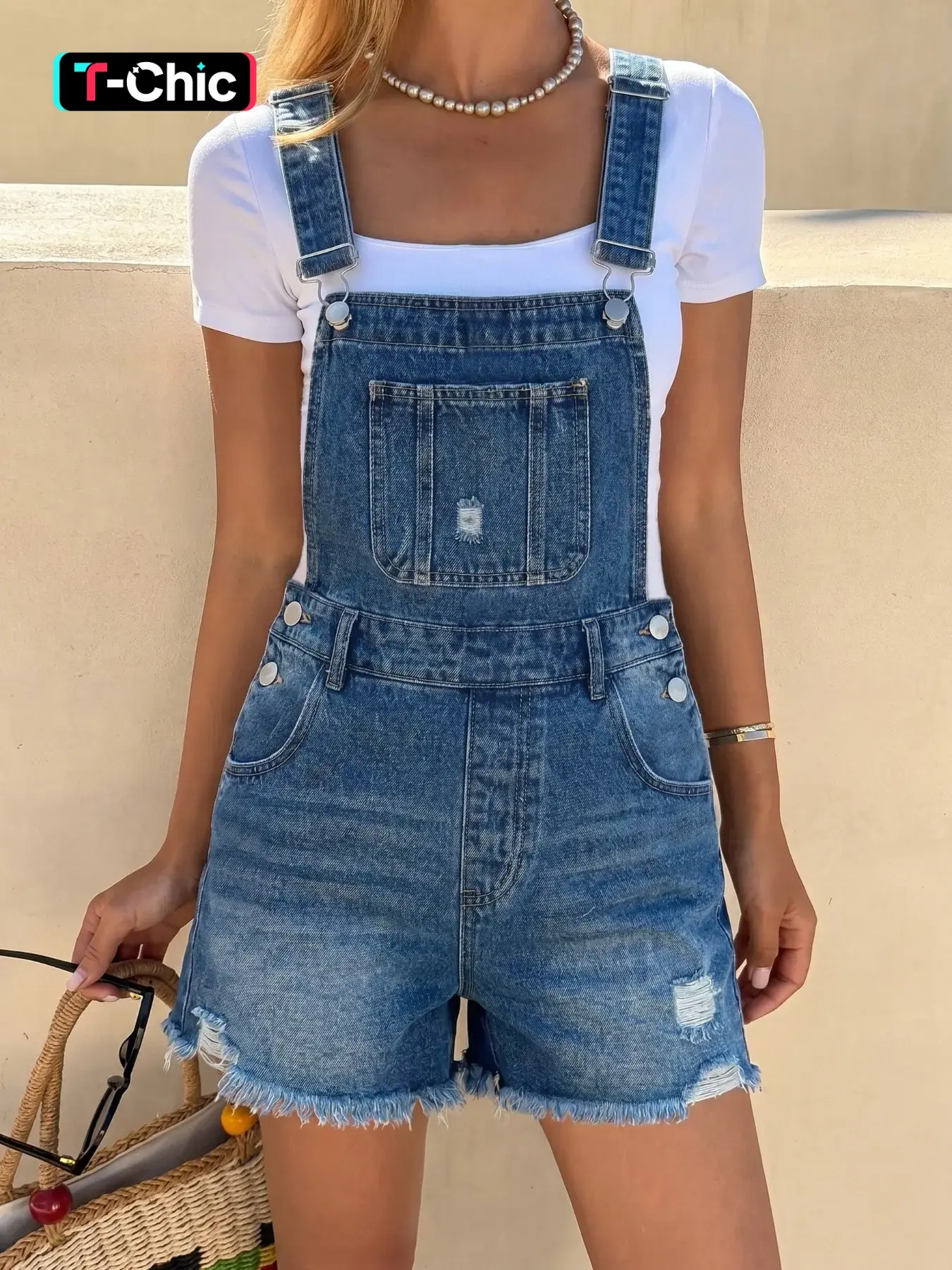Blue Denim Shorts Overalls with Pockets for Men, Casual Loose-Fitting Design, Plain Pattern, Ideal for Daily Wear, Comfortable & Stylish