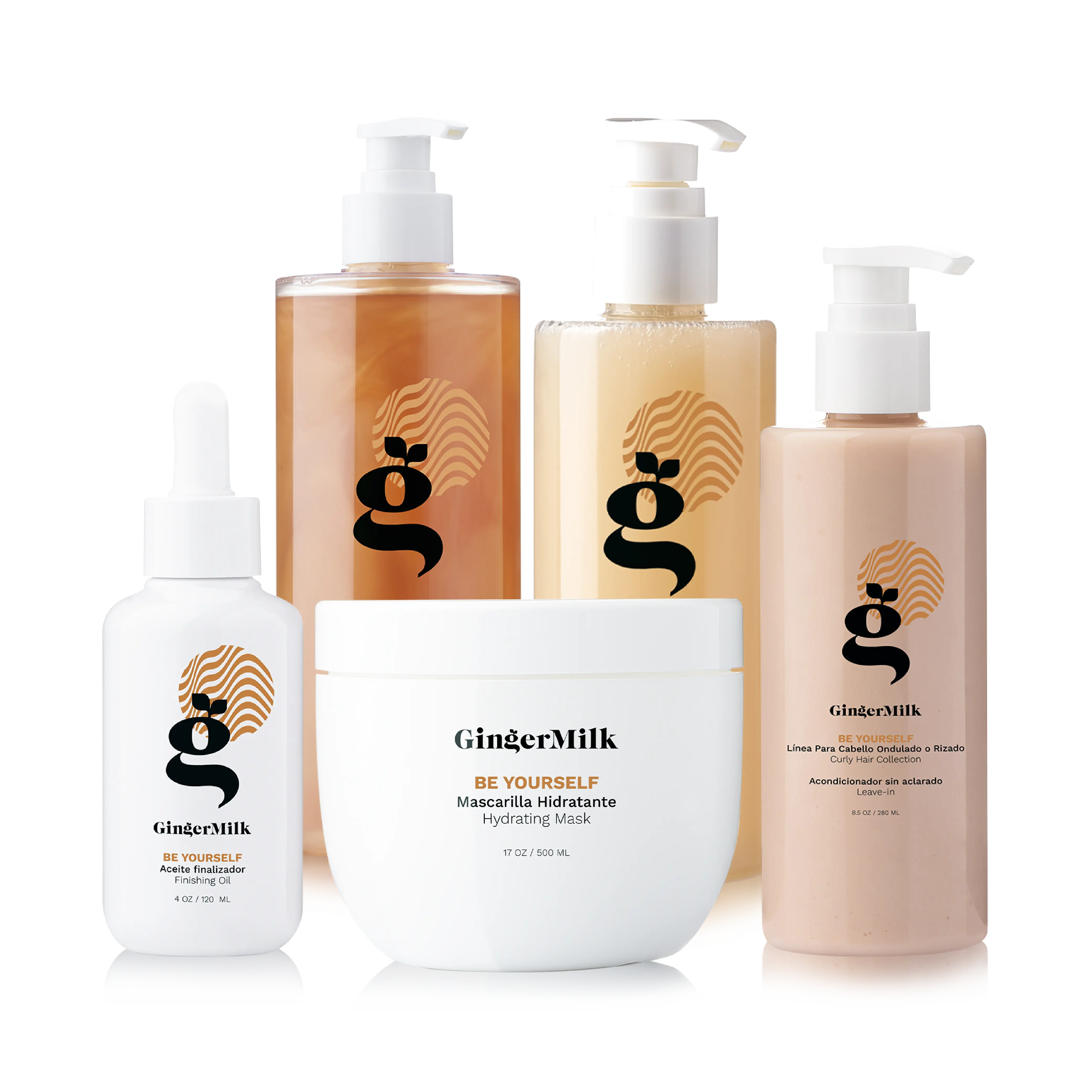 Curly Hair Routine Kit, Be Yourself | Hydrating Shampoo 16 oz + Mask 17 oz + Leave-In 8 oz + Finishing Oil 4 oz + Curl Defining Gel 8 oz | Defining & Hydrating Care for Curly, Wavy & Coily Hair | Ginger Milk