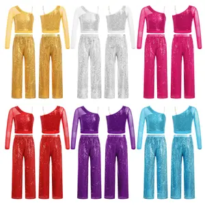 easyforever Kids Girls Sequins One Shoulder Hip Hop Jazz Latin Modern Dance Crop Top and Wide Leg Pants Set Performance Costume