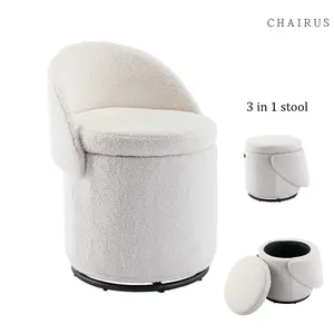 CHAIRUS Viral 3 in 1 Ottoman Stool, Modern Round Swivel Vanity Storage Stool, Makeup Ottoman with Storage,Upholstered 360° Swivel Vanity Stool with Foldable Backrest, Cylindrical Footrest Stool for Living Room Bedroom,Sherpa White