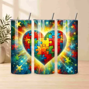 Autism Puzzle Heart Stainless Steel 20oz Tumbler with Straw