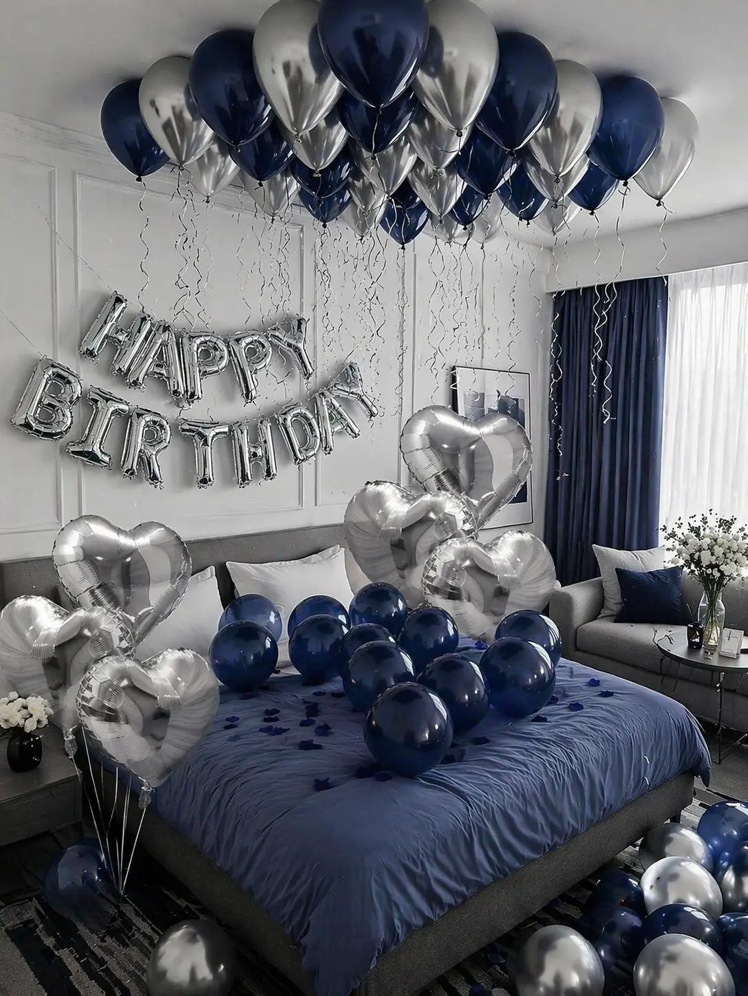 61PCS Silver & Blue Happy Birthday Balloon Decorations, 16 Inch Foil Letter Balloons, Silver Heart Foil & Navy Blue Latex Balloons for Birthday Party Decor