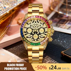 【TikTokShopStockUp】VEADONS Men's Business & Fashion Quartz Watch with Rhinestone Embellishment, Rainbow Crystal Chronograph, Luminous Date Display, Water-Resistant, Suitable for Parties & Daily Wear, Gift Box Packaged for Birthdays