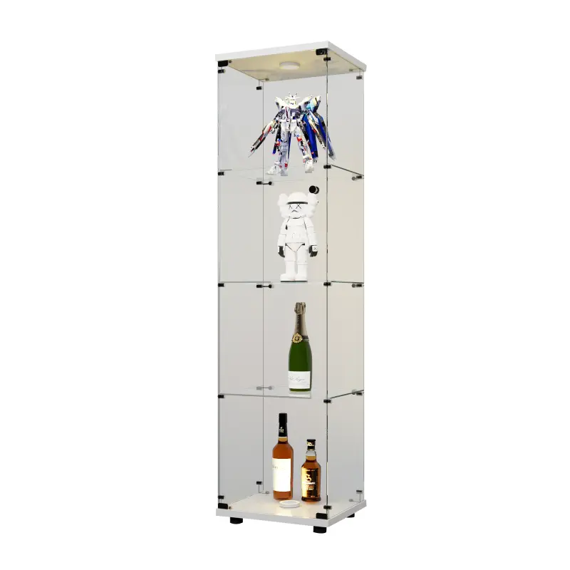 Tempered Glass Accent Cabinet with LED Lights - Sturdy Contemporary Modern Home Furniture, 4-Shelf Floor-Standing Cupboard with Door, Adjustable Legs, Bedroom Storage Unit for Collectibles, 64.7"*16.7"*14.3", Glass Display Cabinet