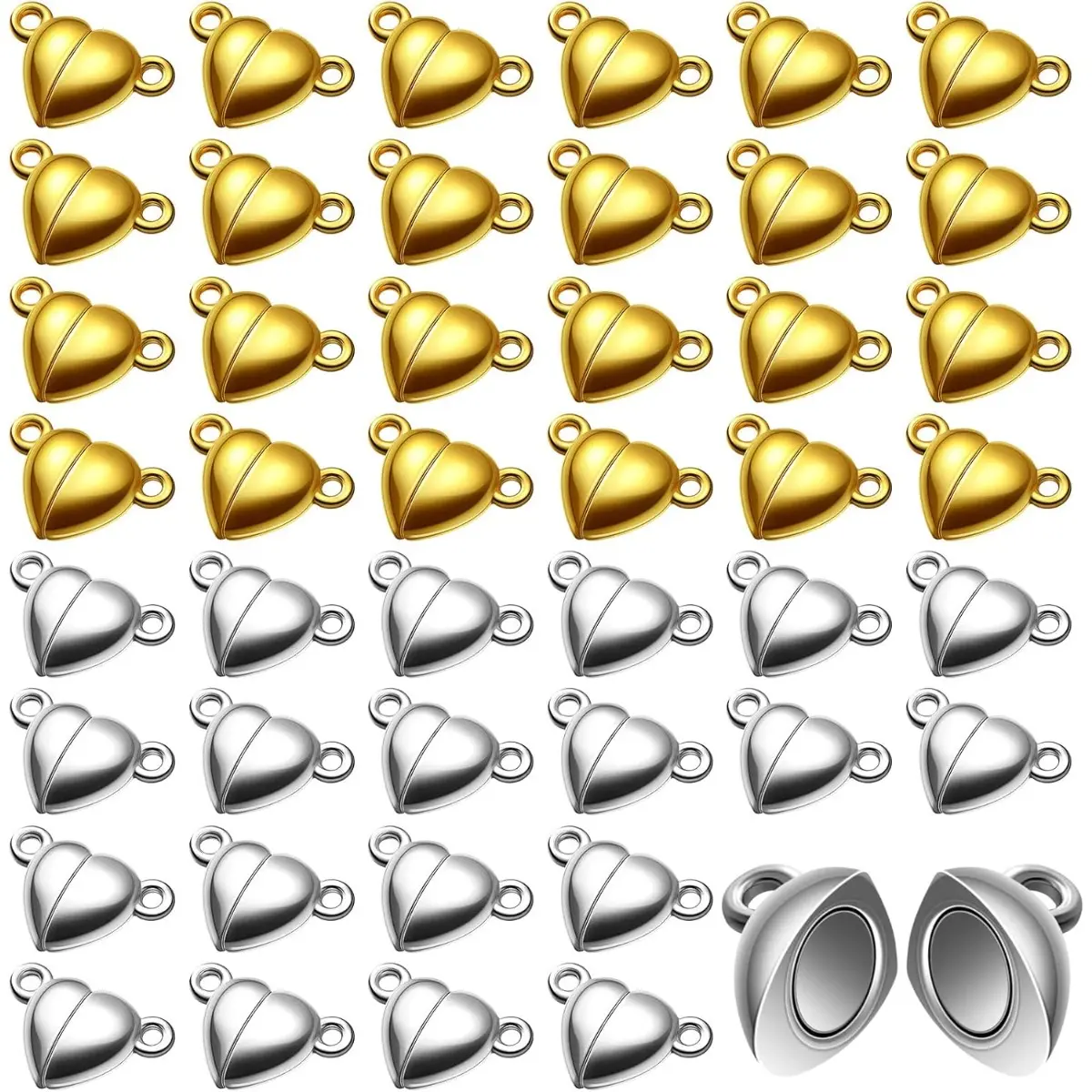 48-Pcs Polished Alloy Heart-Shaped Magnetic Clasps - Gold, Silver, Detachable Converter, Bracelet Closure, Long Lasting 0.5 Inches Jewelry Making DIY Accessory, Wedding Necklace Pendant, Sewing Haberdashery Supply
